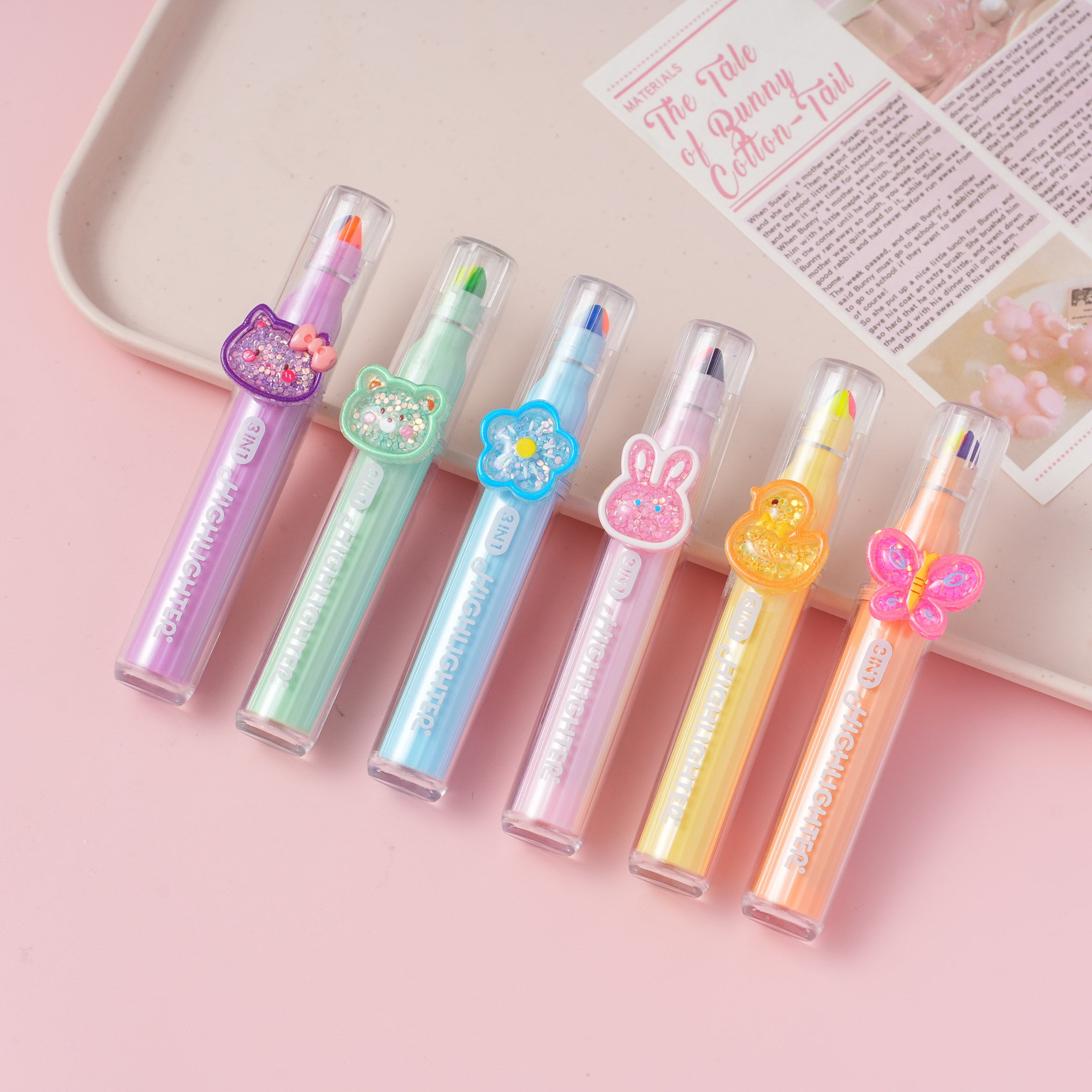 Evidenziatore a 3 colori con glitter animali