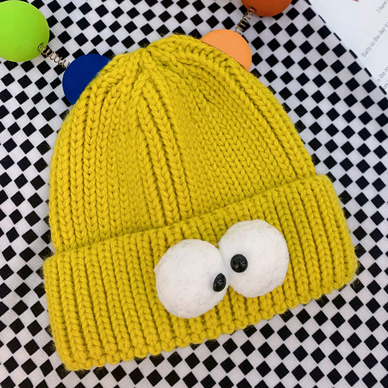 Cappello lavorato a maglia per bambini con simpatici occhi da cartone animato color caramella - zenzero