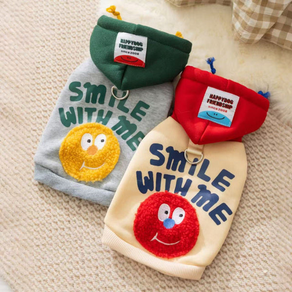 Felpa con cappuccio per animali domestici con simpatico sorriso, coulisse e foro per guinzaglio - XL