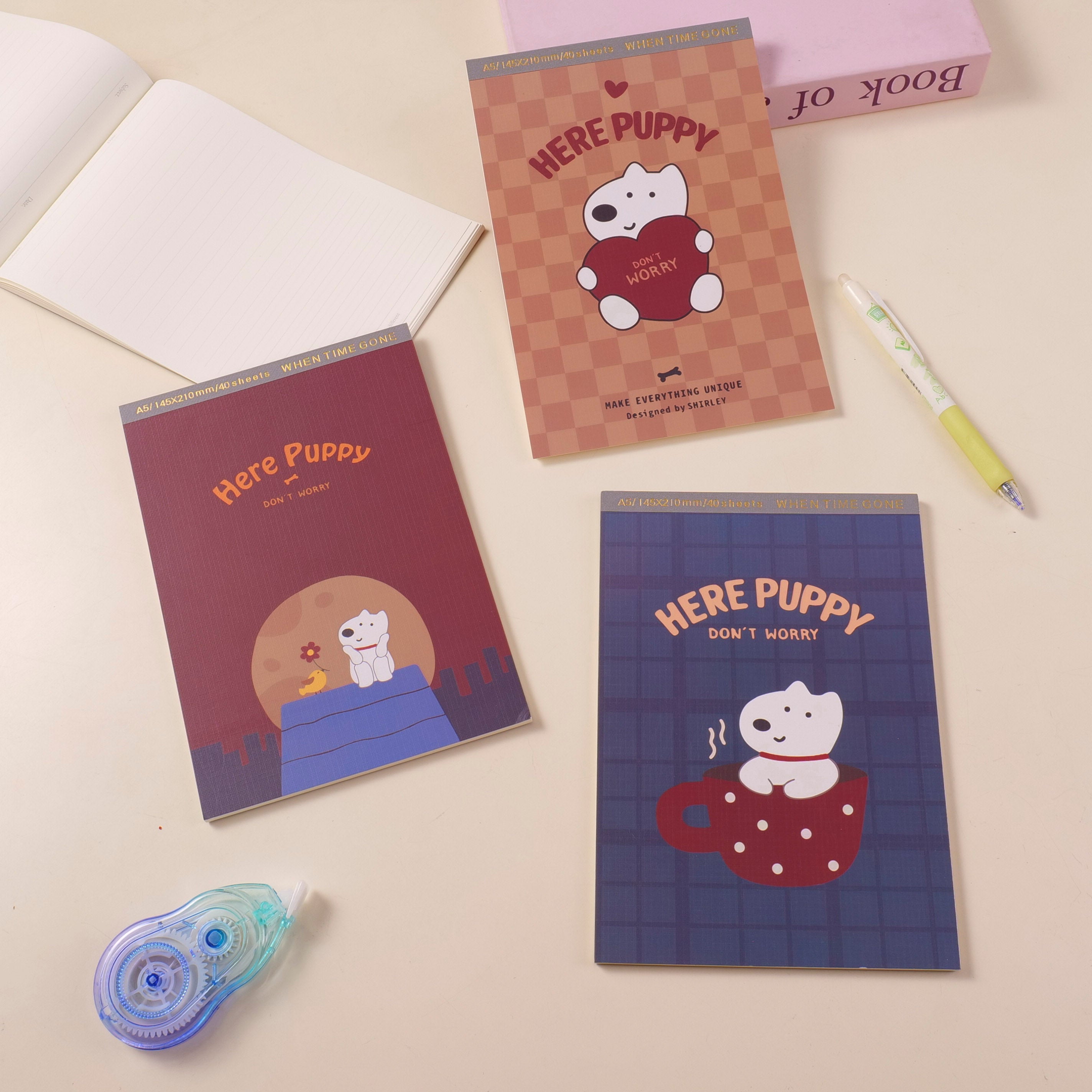 Quaderno con rilegatura a colla Here Puppy A5 - Pagine a righe, 40 pezzi